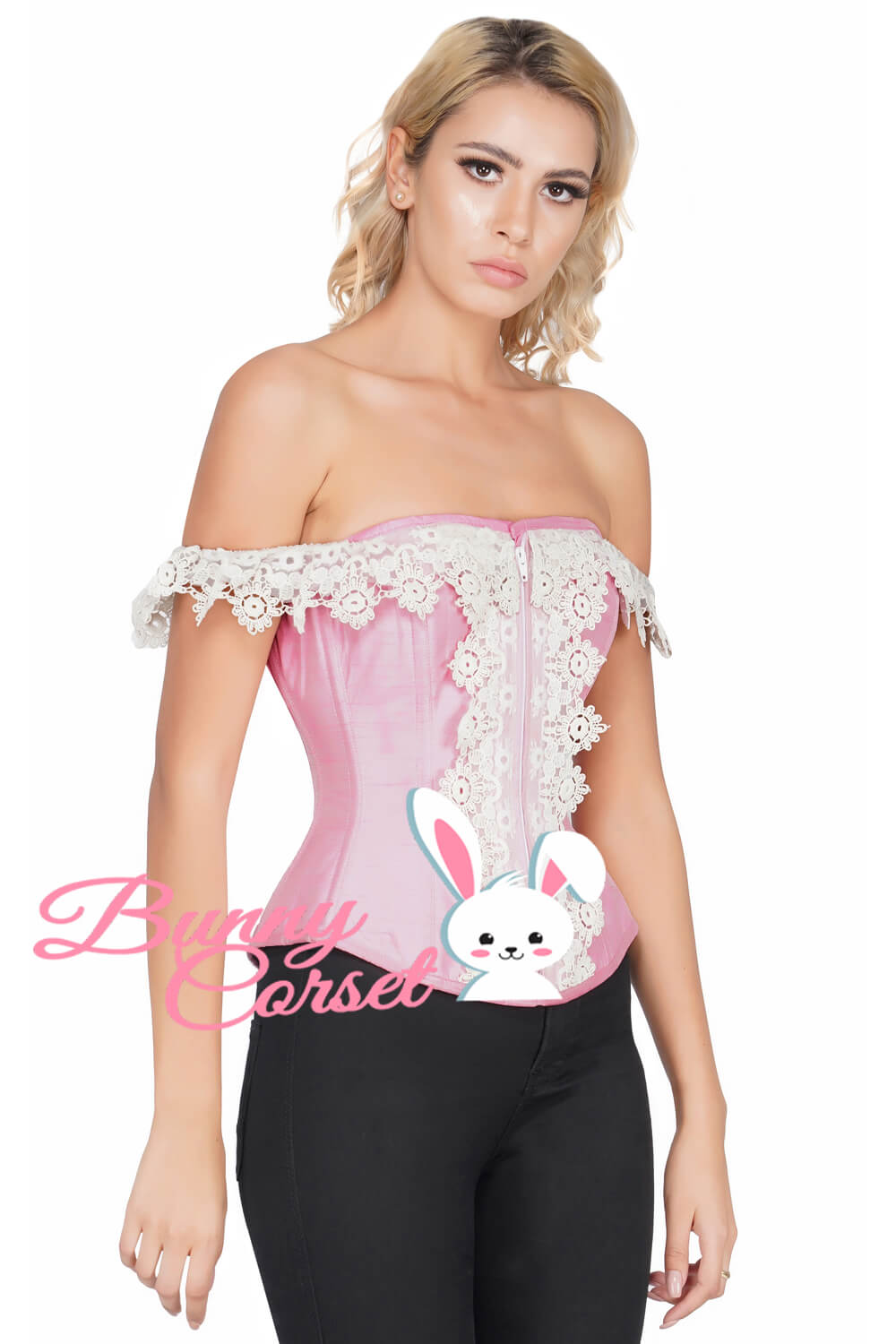 Pink Dupion Corset With Lace Cold Shoulder