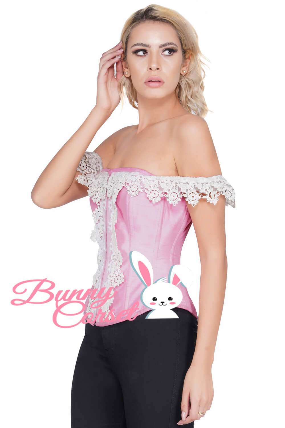 Pink Dupion Corset With Lace Cold Shoulder