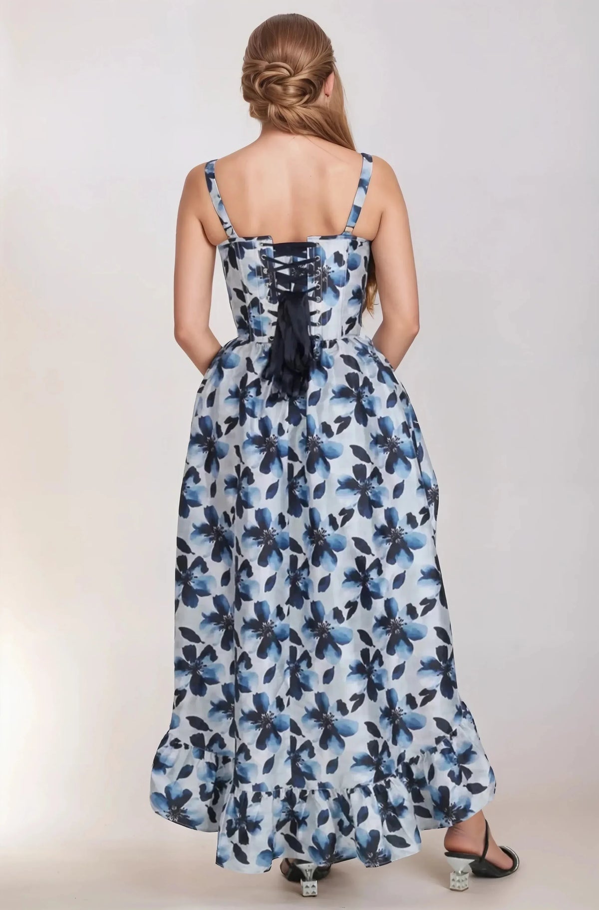 Darleena Blue and Black Floral Corset Dress