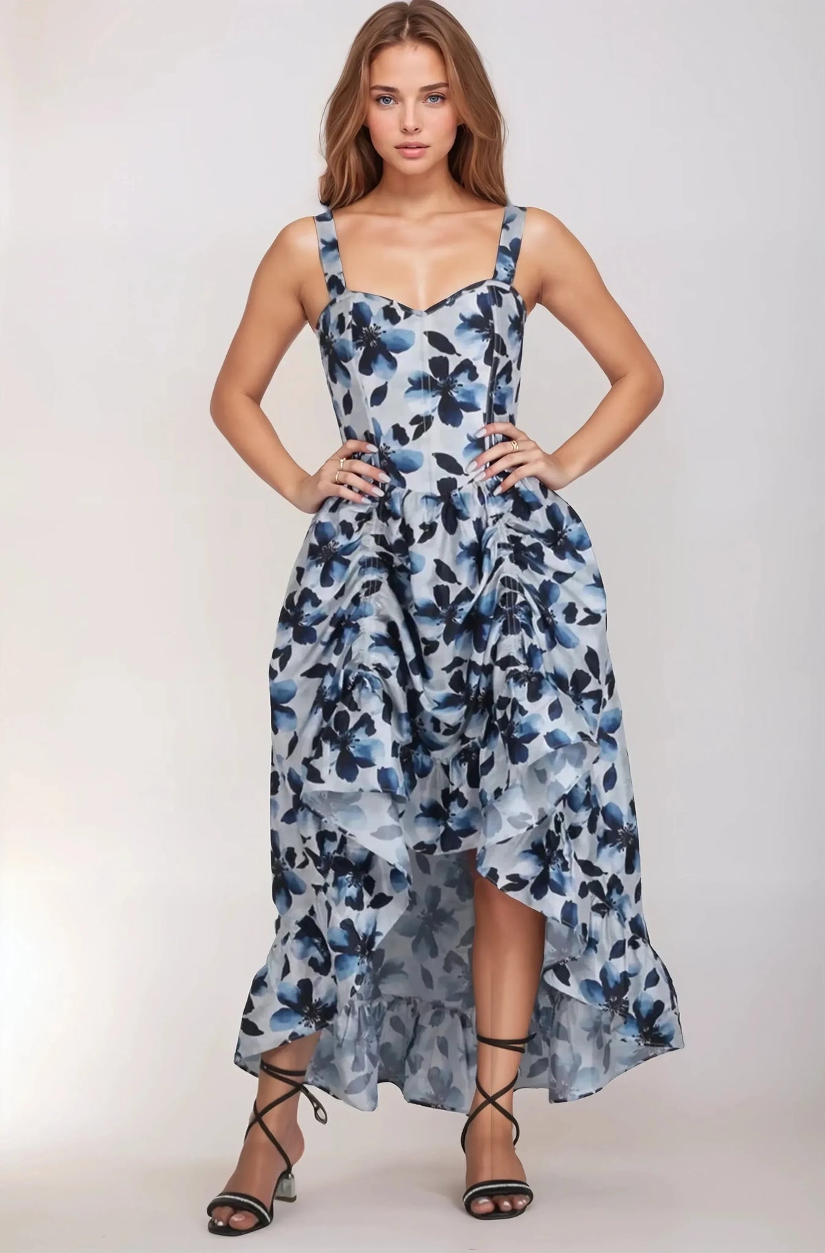 Darleena Blue and Black Floral Corset Dress