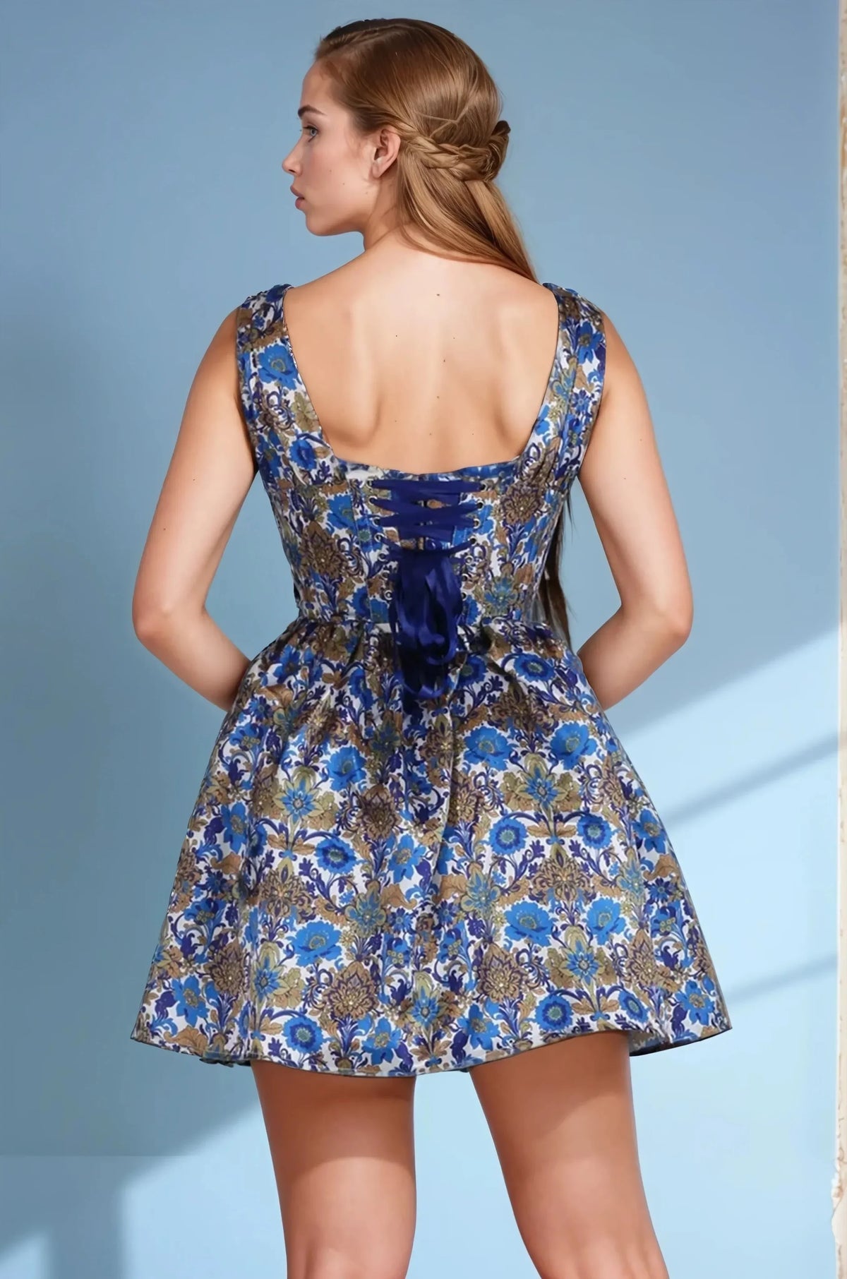Lakicia Blue & Gold Floral Custom Made Corset Dress