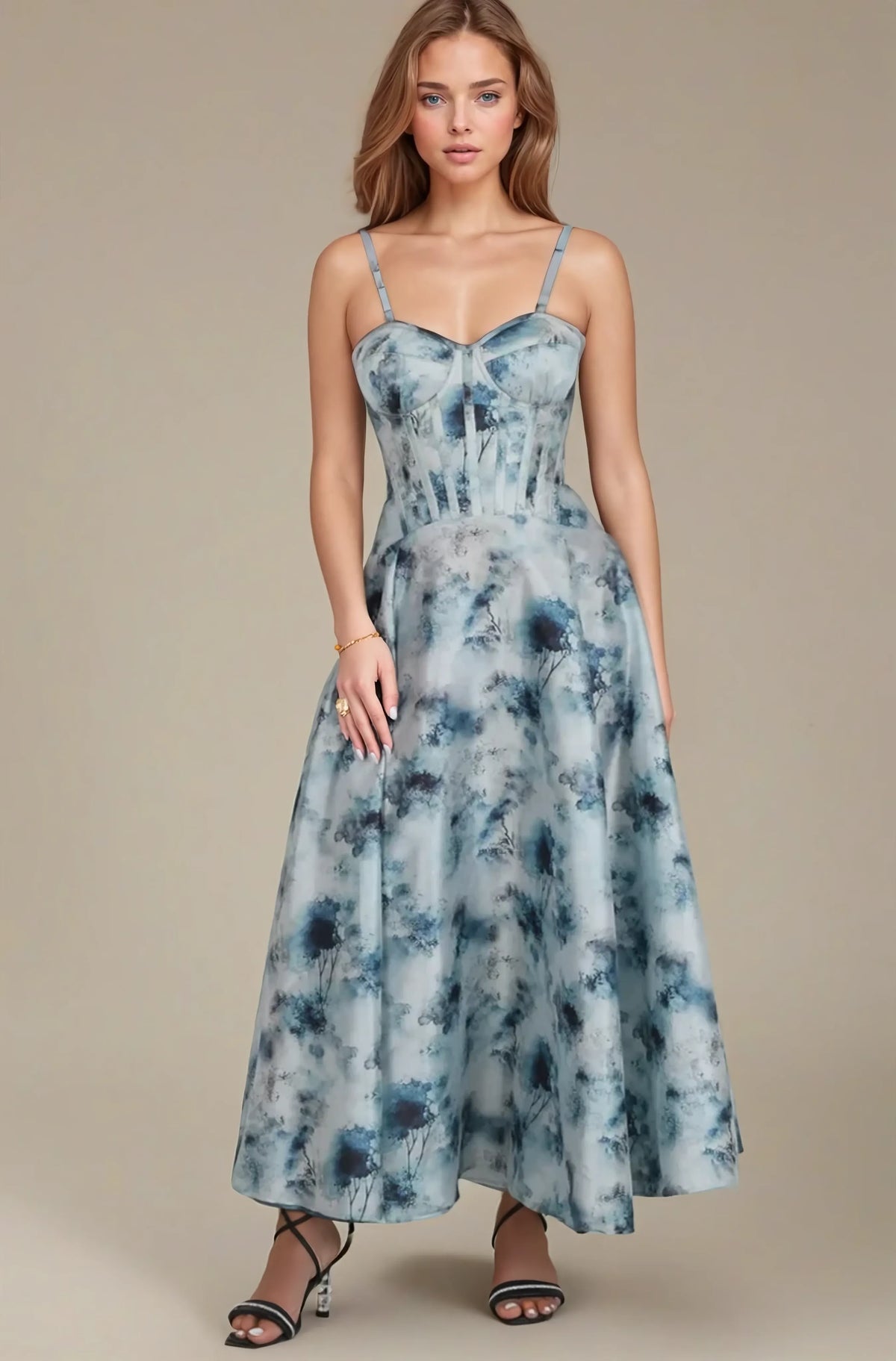 Cidney Blue Mist Floral Custom Made Corset Dress