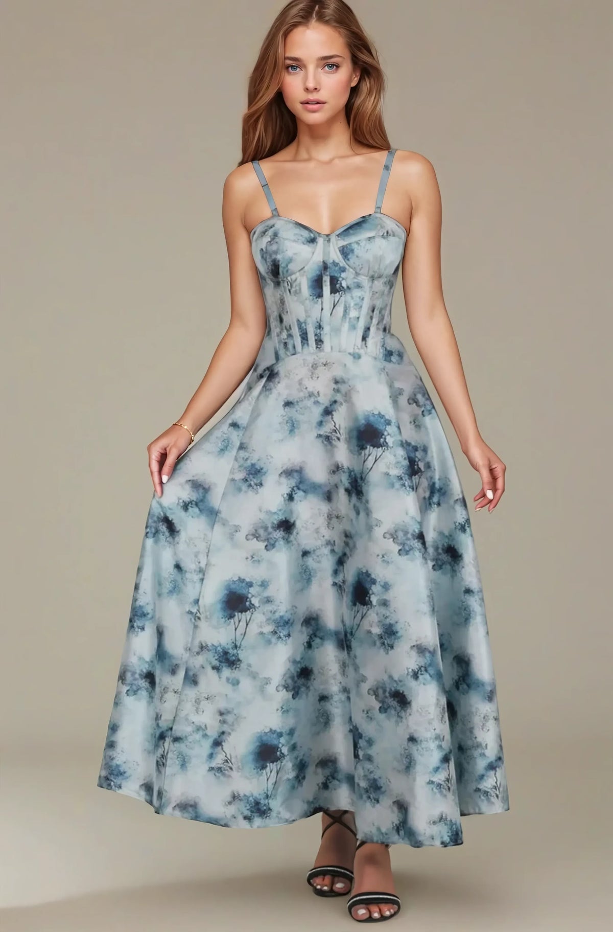 Cidney Blue Mist Floral Custom Made Corset Dress