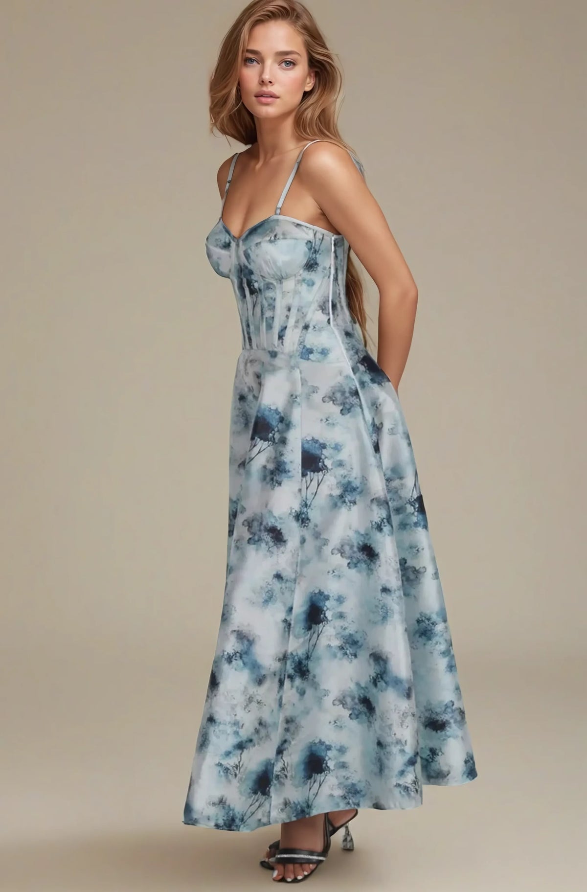 Cidney Blue Mist Floral Custom Made Corset Dress