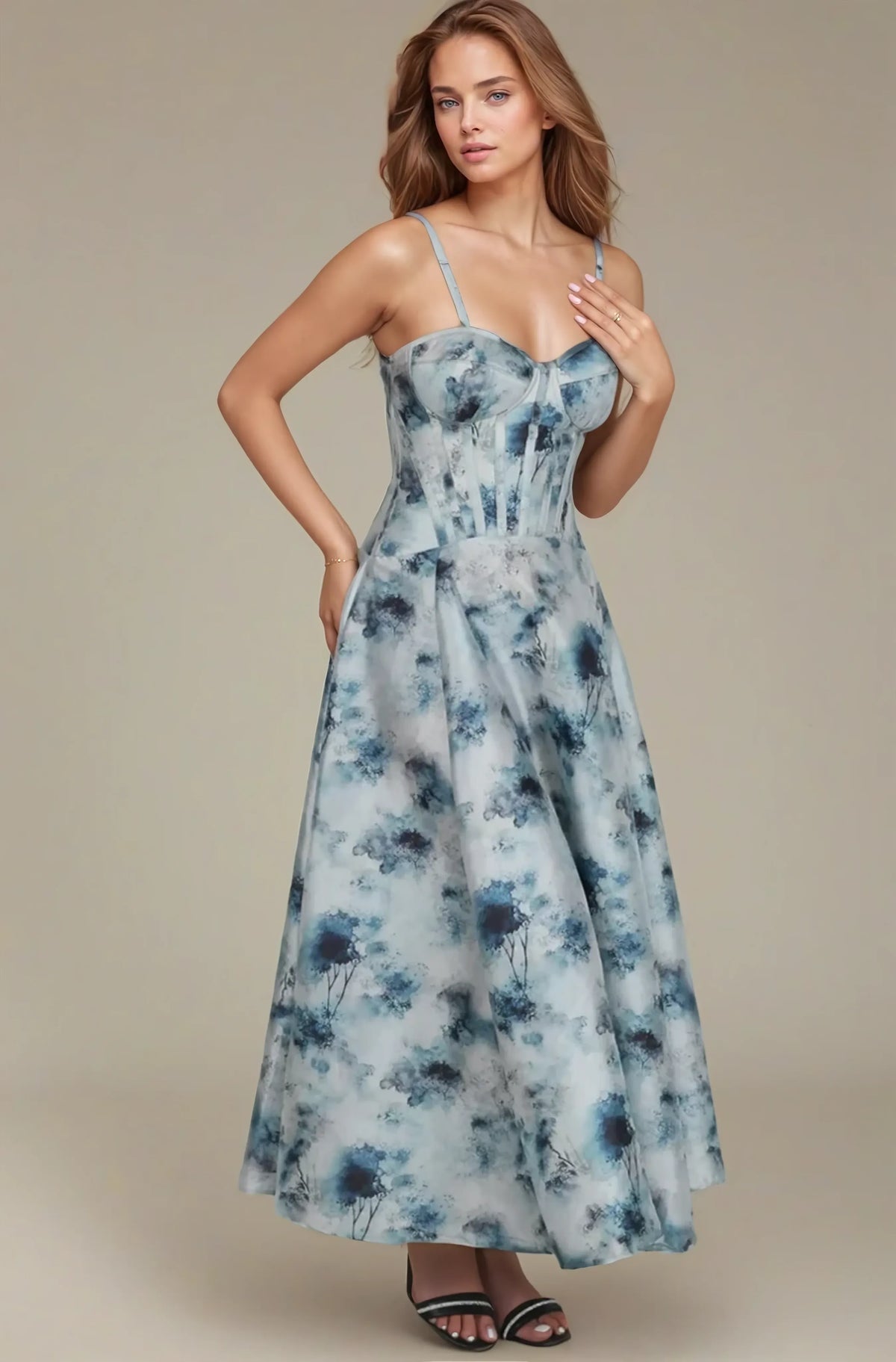 Cidney Blue Mist Floral Custom Made Corset Dress