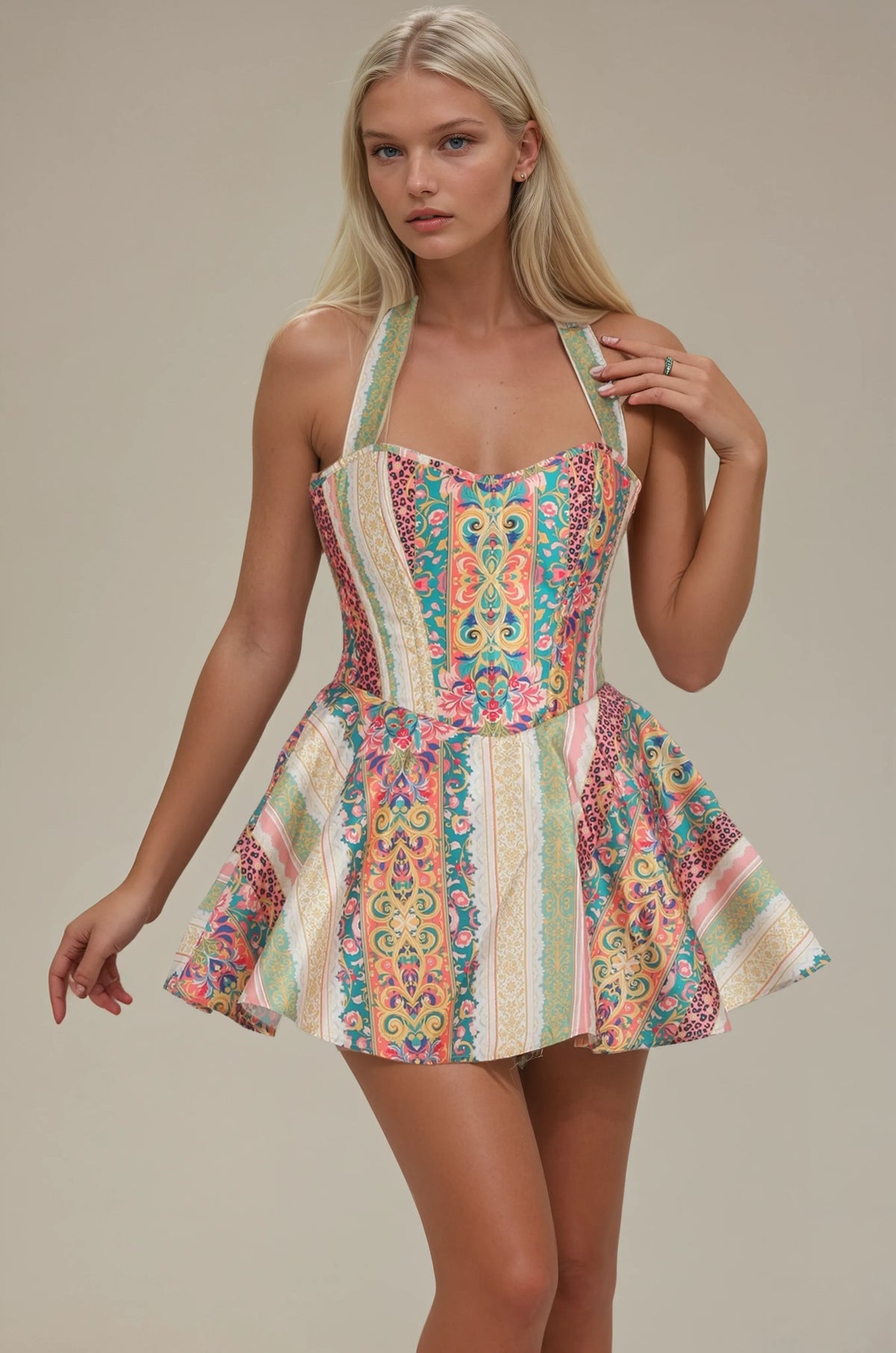 Bradie Multicolor Print Halter Corset Dress