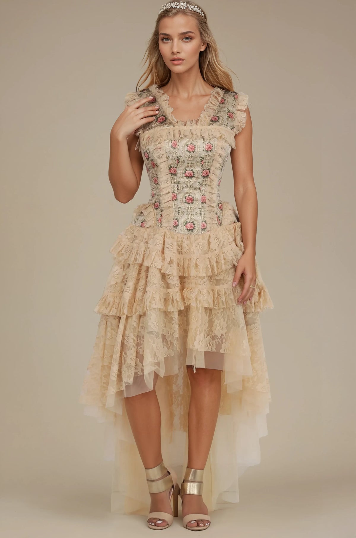 Melrose Rose Print Floral Satin Custom Made Corset Dress