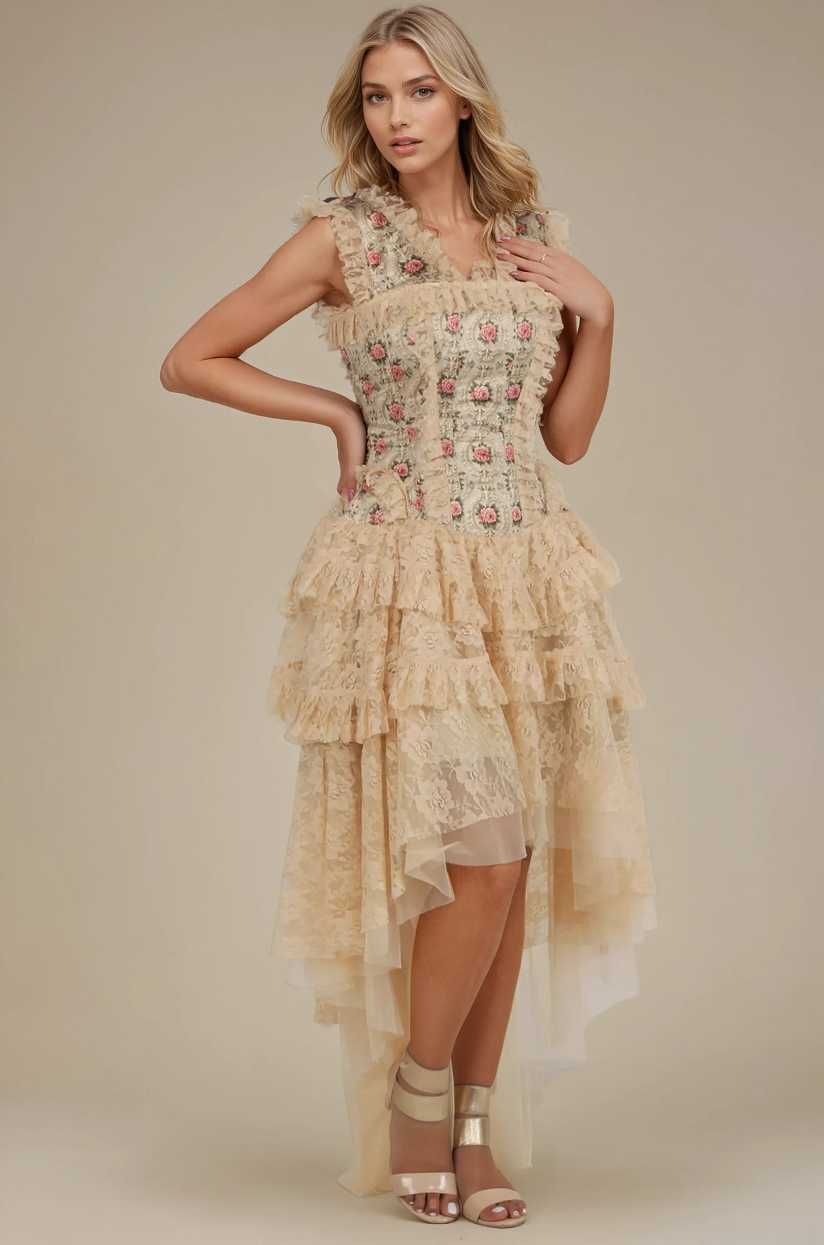 Melrose Rose Print Floral Satin Custom Made Corset Dress
