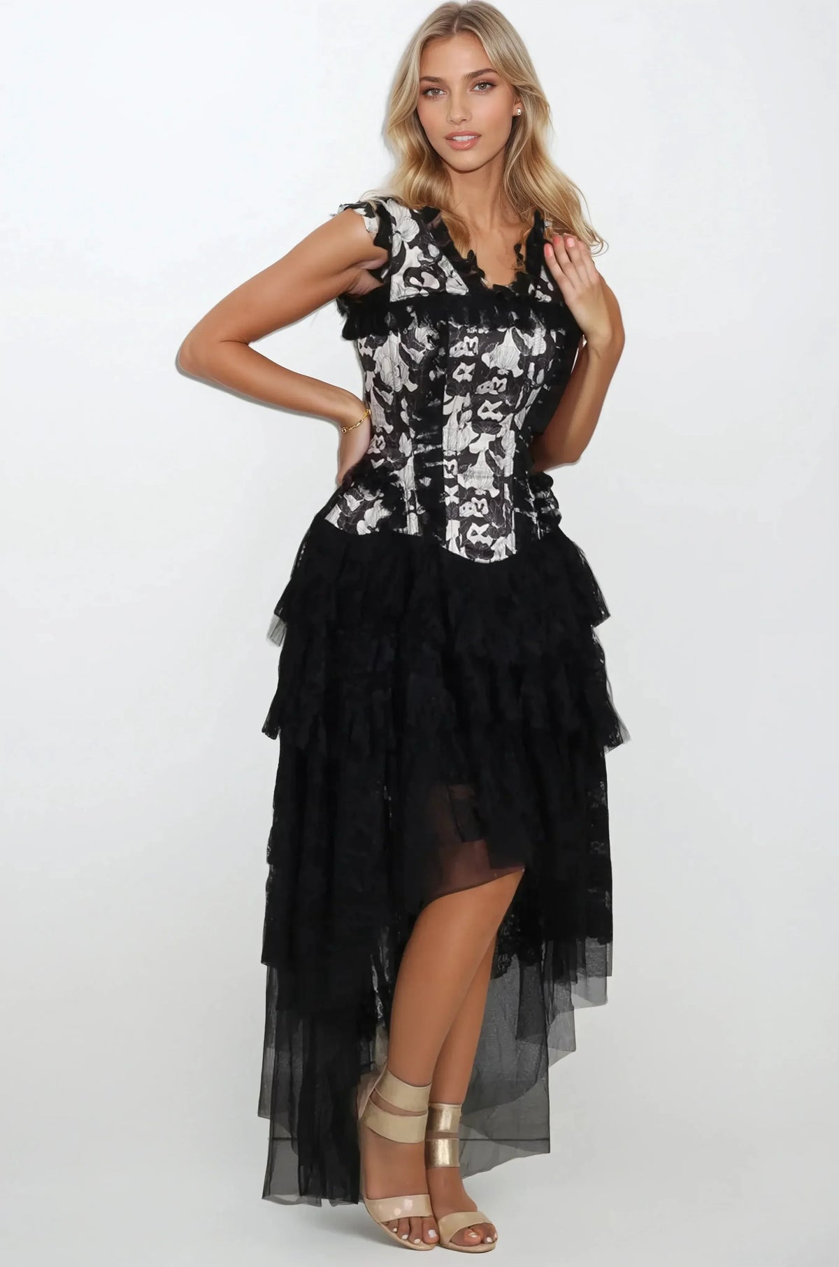 Leiah Abstract Monochrome Floral Custom Made Corset Dress