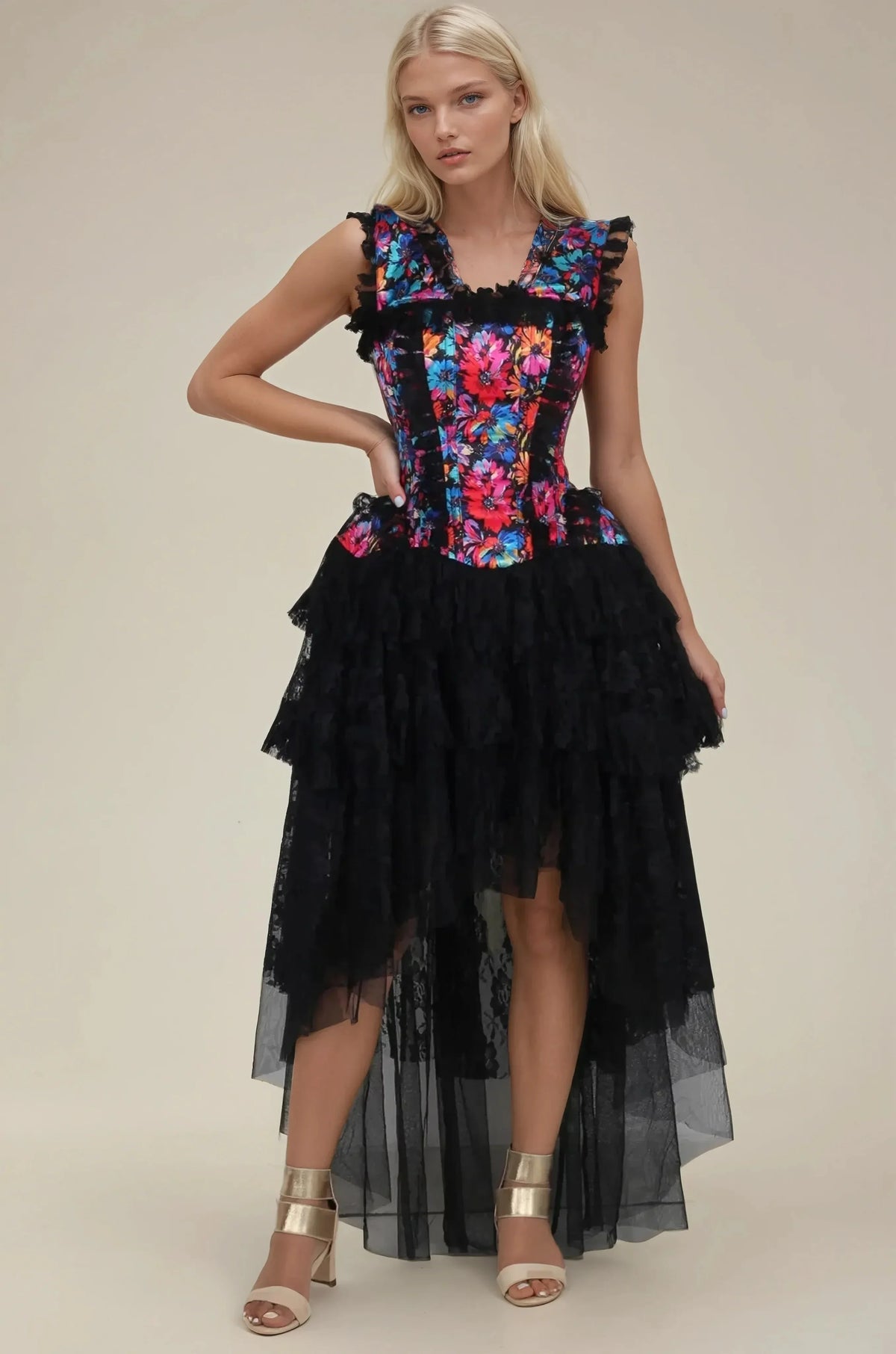 Goldia Vivid Painted Florals Custom Made Corset Dress
