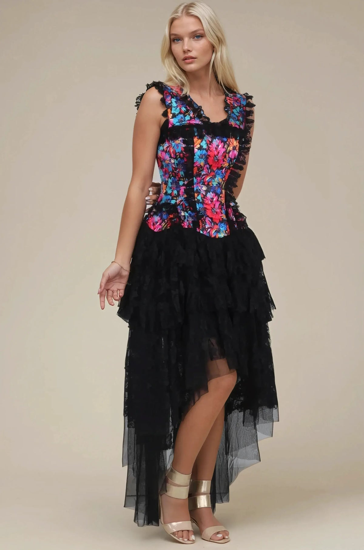 Goldia Vivid Painted Florals Custom Made Corset Dress