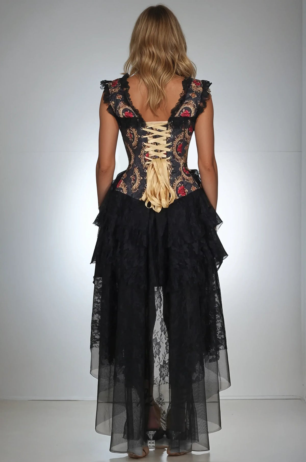 Rexine Red Rose Printed Satin Custom Made Corset Dress