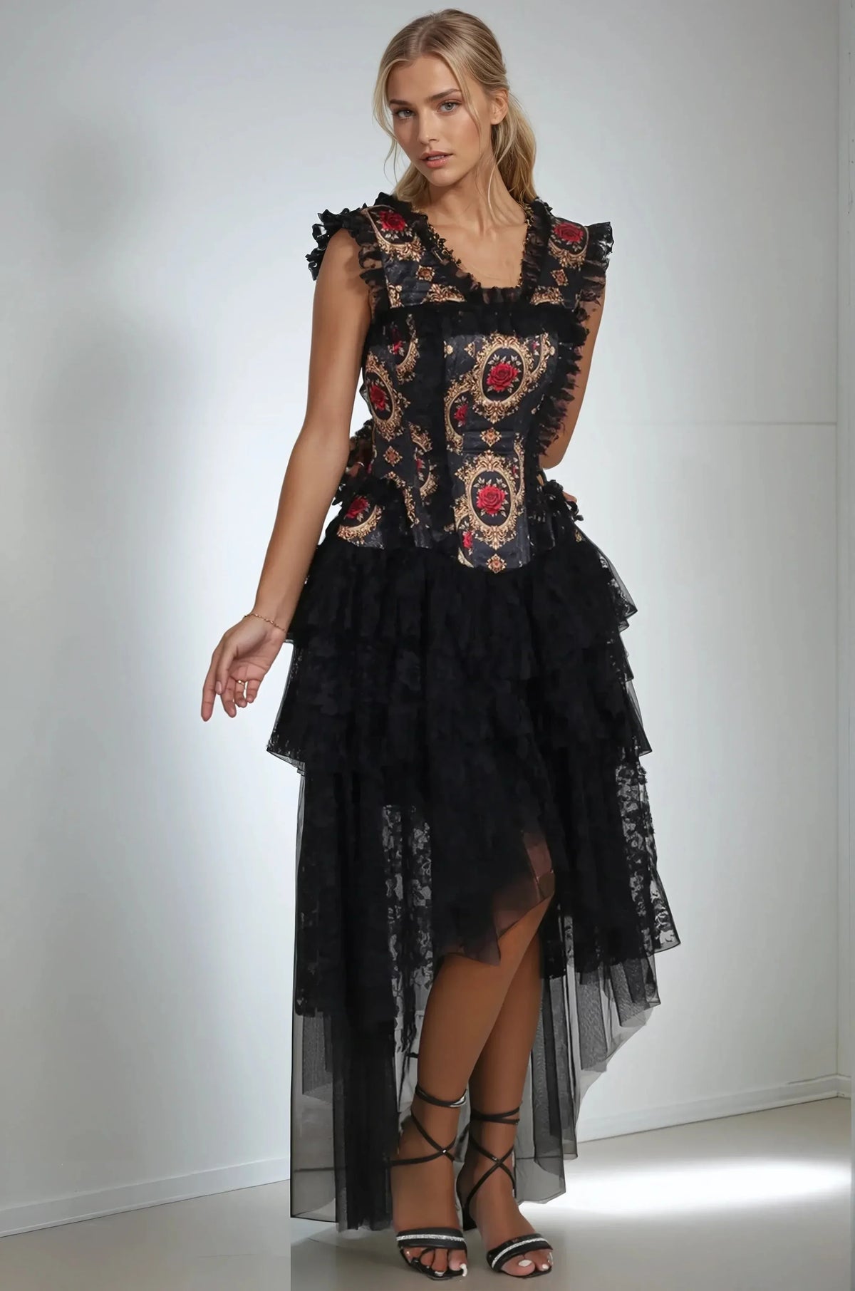 Rexine Red Rose Printed Satin Custom Made Corset Dress
