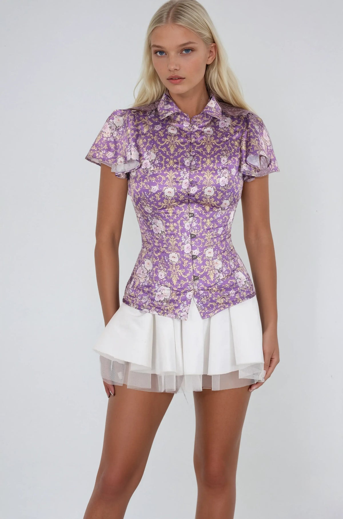 Kyrie Amethyst & Gold Floral Corset Shirt