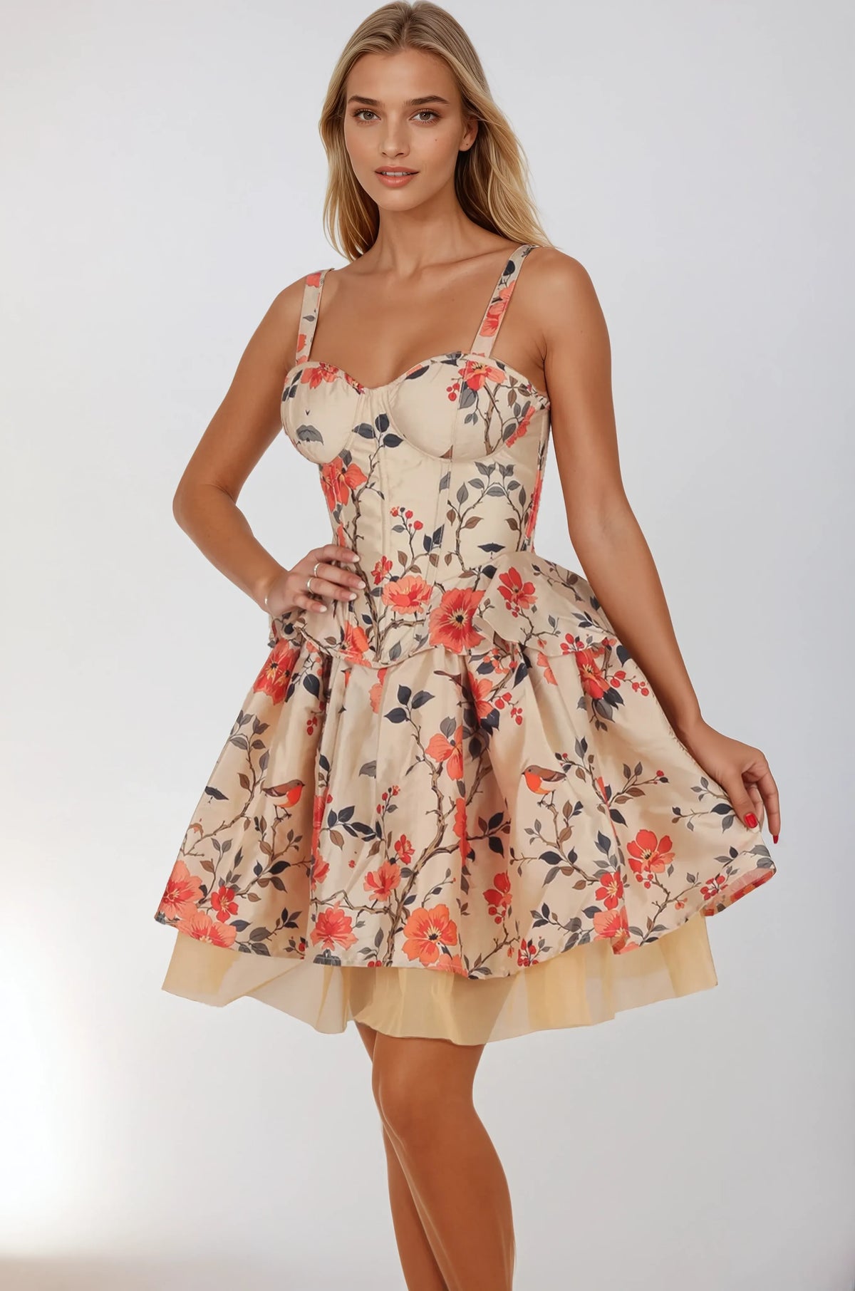Azriel Beige Crimson Floral Corset Co-ord Set