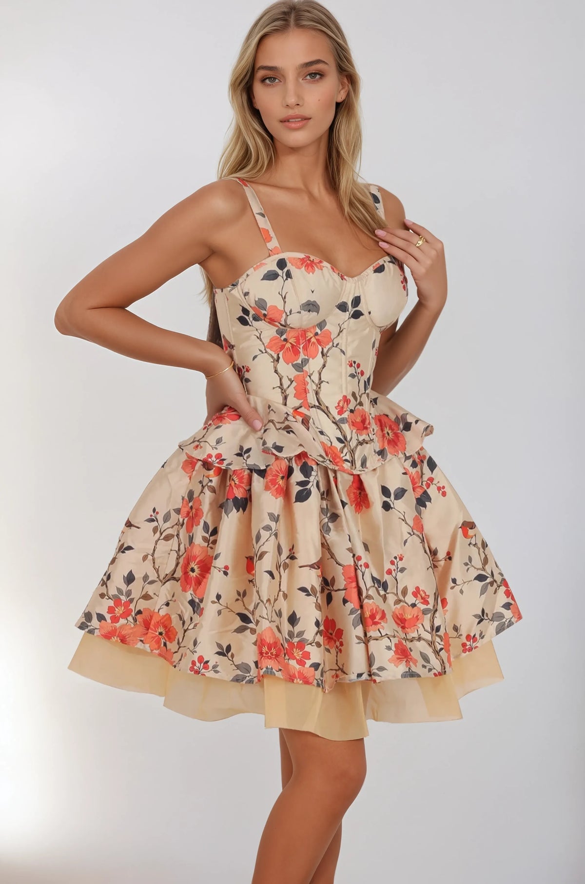 Azriel Beige Crimson Floral Corset Co-ord Set