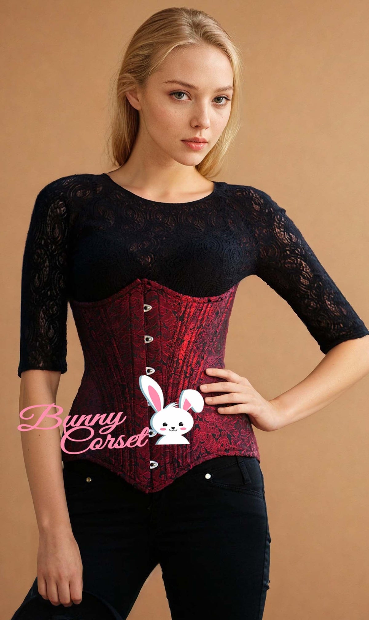 VG-19836 - Waist Training Maroon Brocade Corset with Hip Panels